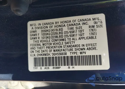 2016 Honda Cr-V Ex-L z USA, uszkodzony, nr VIN 2HKRM3H70GH556658